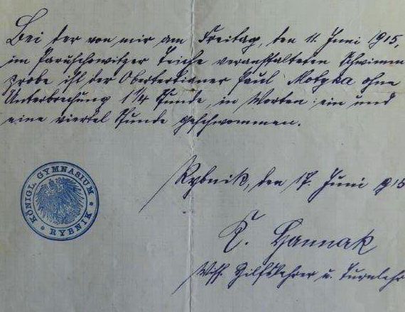 wystawa jednego eksponatu - pismo Królewskiego Gimnazjum w Rybniku