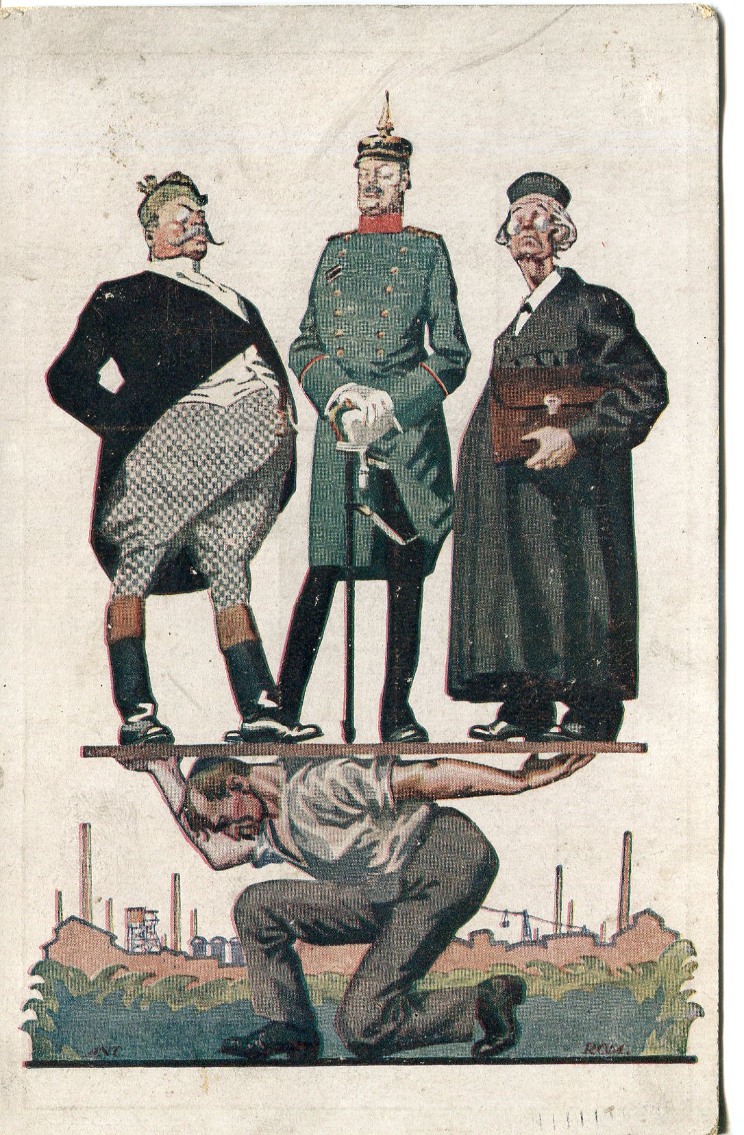 Pocztówka, pruski arystokrata, oficer oraz pastor, stoją na płycie położonej na plecach ploskiego robotnika