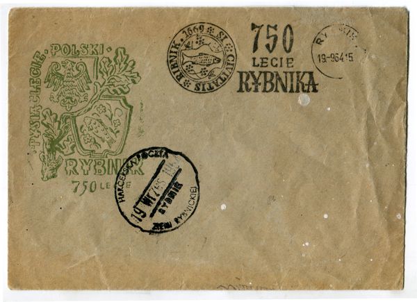Szara koperta z okolicznościowymi pieczęciami 750-lecia Rybnika