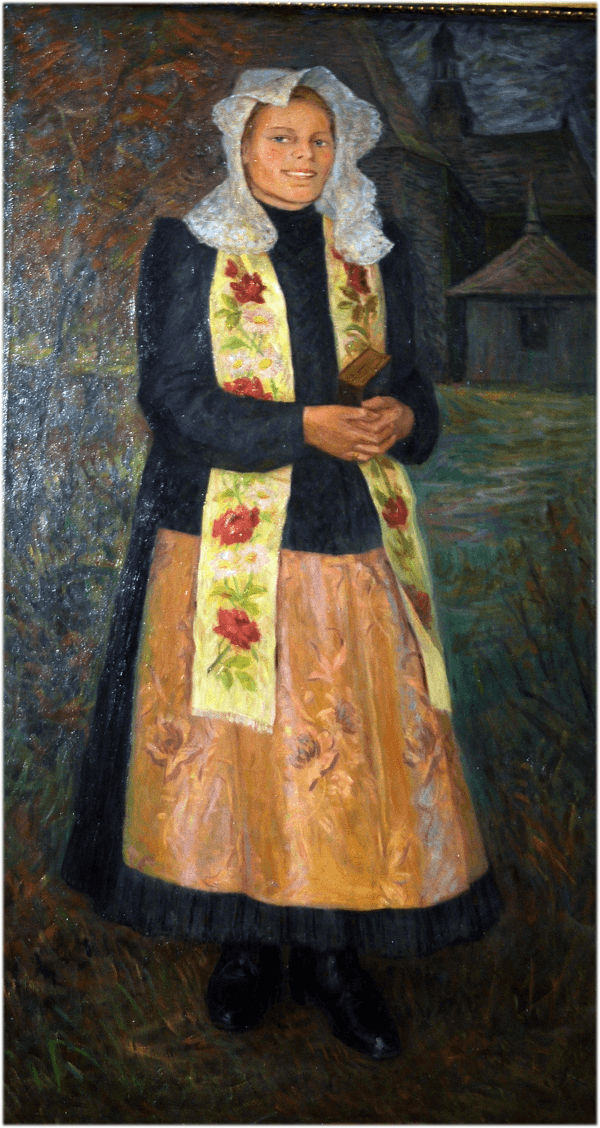 Fotografia obrazu olejnego przedstawiającego kobietę w stroju rybnickim 